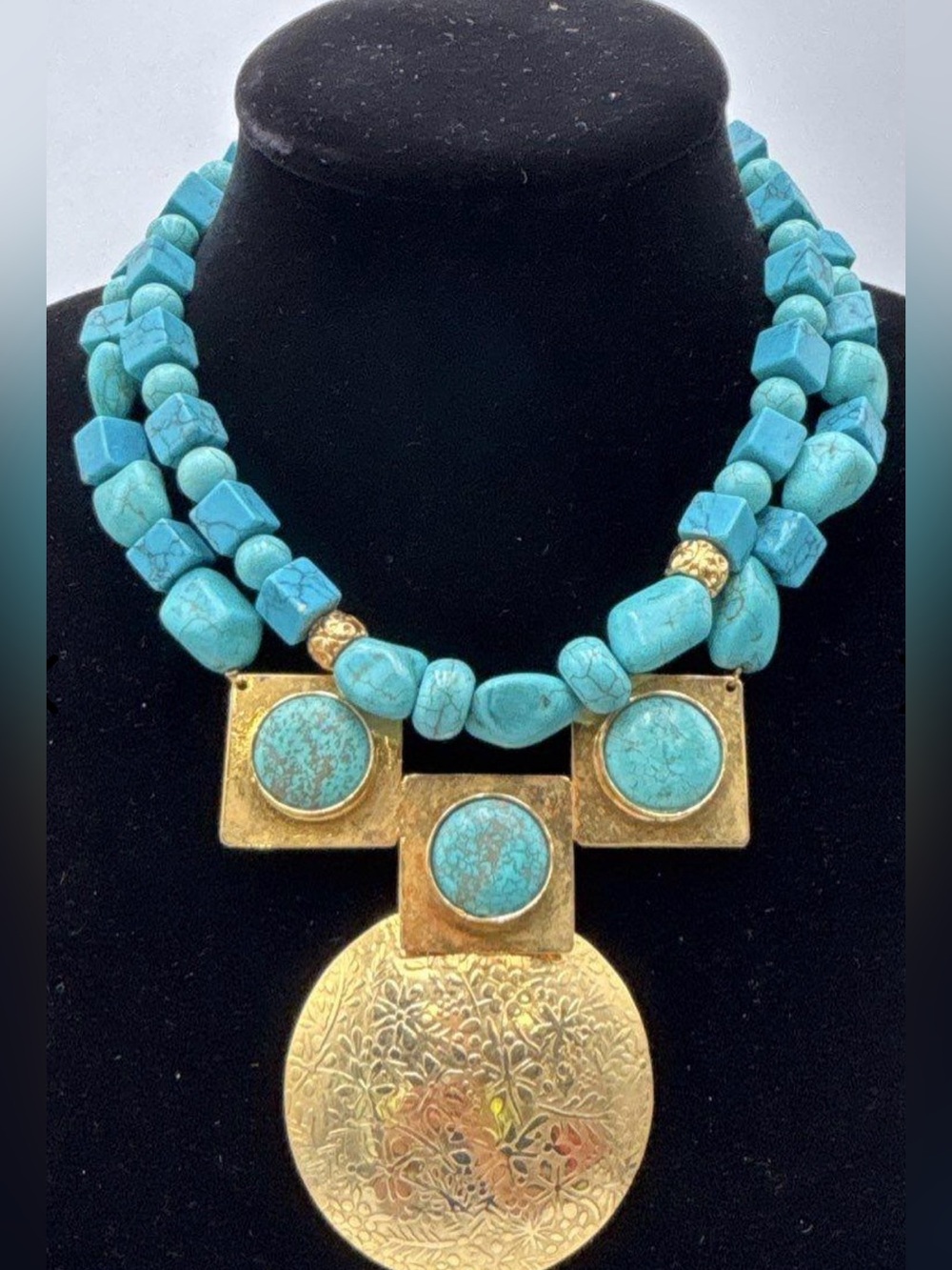 Handcrafted Gold Tone Magnesite Turquoise Stone Double-Strand Statement Necklace